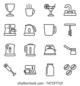 thin line icon set : wineglass, hot drink, cocktail, water tap, coffee maker, kettle, cup, corkscrew, turk, blender, bank, seeds
