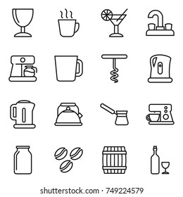 thin line icon set : wineglass, hot drink, cocktail, water tap, coffee maker, cup, corkscrew, kettle, turk, bank, seeds, barrel, wine