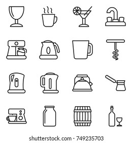 thin line icon set : wineglass, hot drink, cocktail, water tap, coffee maker, kettle, cup, corkscrew, turk, bank, barrel, wine