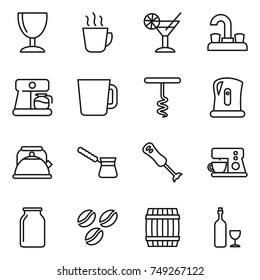 thin line icon set : wineglass, hot drink, cocktail, water tap, coffee maker, cup, corkscrew, kettle, turk, blender, bank, seeds, barrel, wine