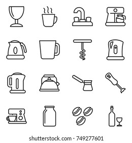thin line icon set : wineglass, hot drink, water tap, coffee maker, kettle, cup, corkscrew, turk, blender, bank, seeds, wine