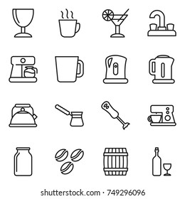 thin line icon set : wineglass, hot drink, cocktail, water tap, coffee maker, cup, kettle, turk, blender, bank, seeds, barrel, wine