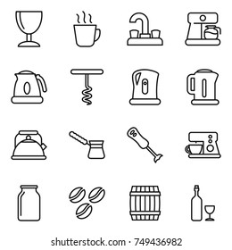 thin line icon set : wineglass, hot drink, water tap, coffee maker, kettle, corkscrew, turk, blender, bank, seeds, barrel, wine