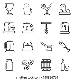 thin line icon set : wineglass, hot drink, cocktail, water tap, coffee maker, kettle, corkscrew, turk, blender, bank, seeds, barrel, wine