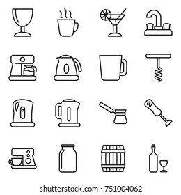 thin line icon set : wineglass, hot drink, cocktail, water tap, coffee maker, kettle, cup, corkscrew, turk, blender, bank, barrel, wine