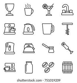 thin line icon set : wineglass, hot drink, cocktail, water tap, coffee maker, kettle, cup, corkscrew, turk, blender, bank, seeds, barrel