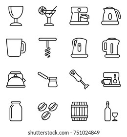 thin line icon set : wineglass, cocktail, coffee maker, kettle, cup, corkscrew, turk, blender, bank, seeds, barrel, wine