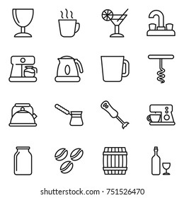 thin line icon set : wineglass, hot drink, cocktail, water tap, coffee maker, kettle, cup, corkscrew, turk, blender, bank, seeds, barrel, wine