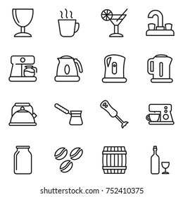 thin line icon set : wineglass, hot drink, cocktail, water tap, coffee maker, kettle, turk, blender, bank, seeds, barrel, wine