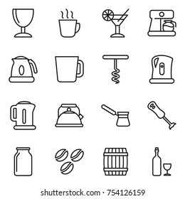 thin line icon set : wineglass, hot drink, cocktail, coffee maker, kettle, cup, corkscrew, turk, blender, bank, seeds, barrel, wine