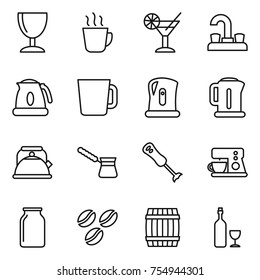 thin line icon set : wineglass, hot drink, cocktail, water tap, kettle, cup, turk, blender, coffee maker, bank, seeds, barrel, wine