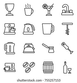 thin line icon set : wineglass, hot drink, cocktail, water tap, coffee maker, kettle, cup, corkscrew, turk, blender, seeds, barrel, wine