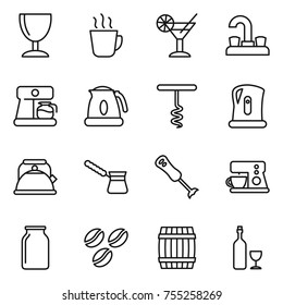 thin line icon set : wineglass, hot drink, cocktail, water tap, coffee maker, kettle, corkscrew, turk, blender, bank, seeds, barrel, wine
