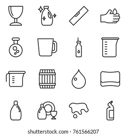 Thin line icon set : wineglass, cleanser, level, acid, chemical, cup, vegetable oil, measuring, barrel, drop, sponge, dish, spot, toilet