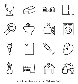 Thin line icon set : wineglass, warehouse, school, plan, cargo search, sink, tv, washing machine, handle scales, cutting board, blender, beans, onion, factory, barn, dish cleanser