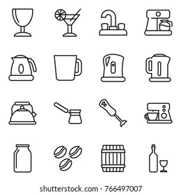 Thin line icon set : wineglass, cocktail, water tap, coffee maker, kettle, cup, turk, blender, bank, seeds, barrel, wine