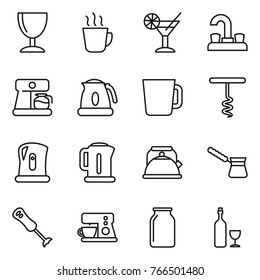 Thin line icon set : wineglass, hot drink, cocktail, water tap, coffee maker, kettle, cup, corkscrew, turk, blender, bank, wine
