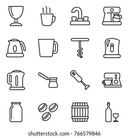 Thin line icon set : wineglass, hot drink, water tap, coffee maker, kettle, cup, corkscrew, turk, blender, bank, seeds, barrel, wine