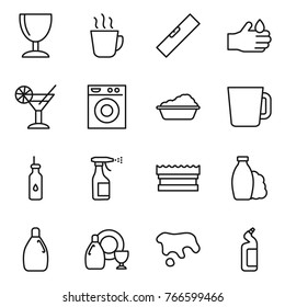 Thin line icon set : wineglass, hot drink, level, acid, cocktail, washing machine, cup, vegetable oil, sprayer, sponge, shampoo, cleanser, dish, spot, toilet