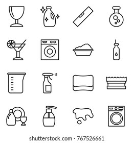 Thin line icon set : wineglass, cleanser, level, chemical, cocktail, washing machine, vegetable oil, measuring cup, sprayer, sponge, dish, liquid soap, spot