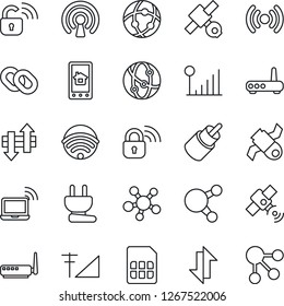 Thin Line Icon Set - wireless notebook vector, satellite, network, share, chain, rca, sim, data exchange, cellular signal, power plug, lock, router, home control app, social media