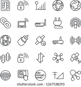 Thin Line Icon Set - wireless notebook vector, satellite, network, share, chain, rca, sim, data exchange, cellular signal, power plug, lock, router, home control app, social media