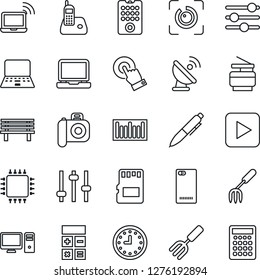 Thin Line Icon Set - wireless notebook vector, calculator, pen, pc, garden fork, bench, clock, barcode, satellite antenna, camera, touch screen, laptop, radio phone, play button, back, tuning, sd