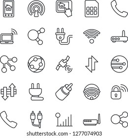 Thin Line Icon Set - wireless notebook vector, satellite, network, share, rca, call, sim, data exchange, cellular signal, power plug, lock, router, home control app, social media