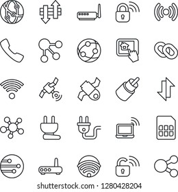 Thin Line Icon Set - wireless notebook vector, satellite, network, share, chain, rca, call, sim, data exchange, power plug, lock, router, home control app, social media