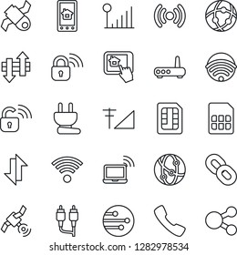Thin Line Icon Set - wireless notebook vector, satellite, network, chain, rca, call, sim, data exchange, cellular signal, power plug, lock, router, home control app, social media