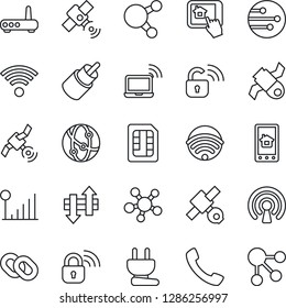Thin Line Icon Set - wireless notebook vector, satellite, network, share, chain, rca, call, sim, data exchange, cellular signal, power plug, lock, router, home control app, social media