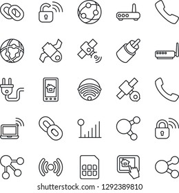 Thin Line Icon Set - wireless notebook vector, satellite, network, share, chain, rca, call, sim, cellular signal, power plug, lock, router, home control app, social media