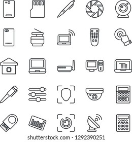 Thin Line Icon Set - wireless notebook vector, pen, pc, barcode, satellite antenna, remote control, touch screen, laptop, phone back, mobile camera, tuning, sd, face id, eye, copier, smart home, web