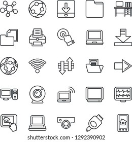 Thin Line Icon Set - wireless notebook vector, right arrow, desk, monitor pulse, folder document, tv, network, touch screen, laptop pc, share, hdmi, data exchange, download, printer, web camera