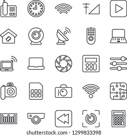 Thin Line Icon Set - wireless notebook vector, camera, pc, clock, barcode, satellite antenna, radio phone, play button, rewind, mobile, tuning, calculator, sim, eye id, cellular signal, smart home