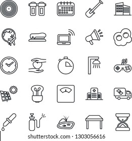 Thin Line Icon Set - wireless notebook vector, plane globe, shovel, garden sprayer, dropper, scales, heart hand, hospital, vinyl, gamepad, stopwatch, clock, stapler, pond, sun panel, office building
