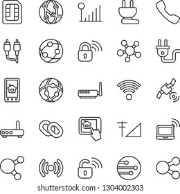 Thin Line Icon Set - wireless notebook vector, satellite, network, share, chain, rca, call, sim, cellular signal, power plug, lock, router, home control app, social media