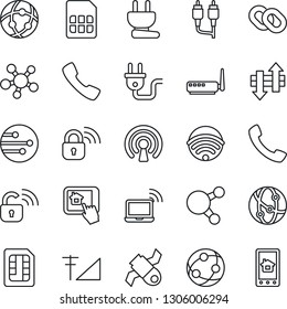 Thin Line Icon Set - wireless notebook vector, satellite, network, share, chain, rca, call, sim, data exchange, cellular signal, power plug, lock, router, home control app