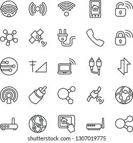 Thin Line Icon Set - wireless notebook vector, satellite, network, share, rca, call, data exchange, cellular signal, power plug, lock, router, home control app, social media