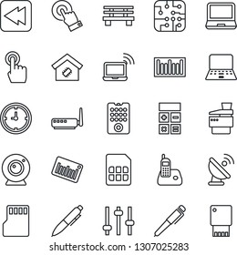 Thin Line Icon Set - wireless notebook vector, calculator, pen, pc, bench, clock, barcode, satellite antenna, touch screen, laptop, radio phone, rewind, tuning, sd, sim, copier, smart home, chip