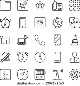 Thin Line Icon Set - wireless notebook vector, mobile phone, antenna, cell, radio, call, menu, themes, user, clock, alarm, stopwatch, folder, download, mute, cut, compass, eye id, fingerprint