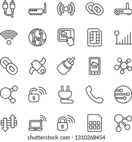 Thin Line Icon Set - wireless notebook vector, satellite, network, share, chain, rca, call, sim, data exchange, cellular signal, power plug, lock, router, home control app, social media