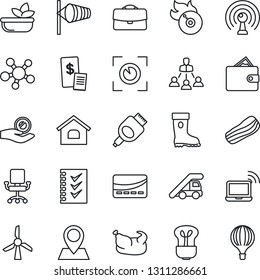 Thin Line Icon Set - wireless notebook vector, ladder car, wind, boot, pin, flame disk, antenna, share, hdmi, case, checklist, hierarchy, house, salad, bacon, credit card, restaurant receipt, bulb