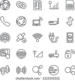 Thin Line Icon Set - wireless notebook vector, satellite, network, share, chain, call, sim, data exchange, cellular signal, power plug, lock, router, home control app, social media