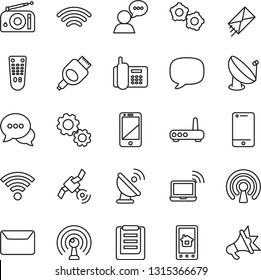 Thin Line Icon Set - wireless notebook vector, gear, office phone, clipboard, satellite antenna, radio, remote control, cell, dialog, speaker, hdmi, message, mail, router, home app, advertising