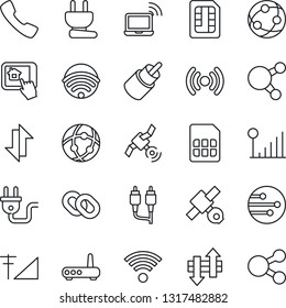 Thin Line Icon Set - wireless notebook vector, satellite, network, share, chain, rca, call, sim, data exchange, cellular signal, power plug, router, home control app, social media