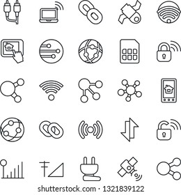 Thin Line Icon Set - wireless notebook vector, satellite, network, share, chain, rca, sim, data exchange, cellular signal, power plug, lock, home control app, social media