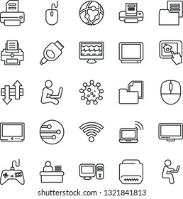Thin Line Icon Set - wireless notebook vector, mouse, printer, monitor pulse, virus, folder document, gamepad, tv, hdmi, network, data exchange, manager desk, pc, home control app, man with