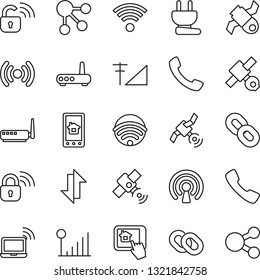 Thin Line Icon Set - wireless notebook vector, satellite, chain, call, data exchange, cellular signal, power plug, lock, router, home control app, social media