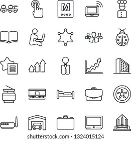 Thin Line Icon Set - Wireless Notebook Vector, Bed, Baggage Larry, Office Building, Book, Case, Lady Bug, Railroad, Tv, Touch Screen, Favorites List, Copier, Garage, Waiter, Cook, Menu, Fan, Router